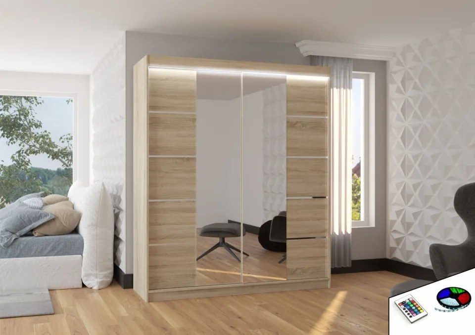 Dulap cu usi glisante si oglinda + iluminare LED, Traves 180 + LED, 180 cmx200 cmx58 cm, ADRK Furniture (Culoare: Sonoma / Alb)