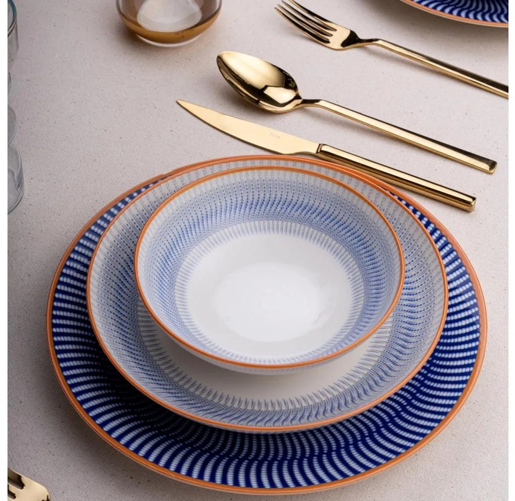 Set veselă 24 piese, porțelan, albastru/portocaliu