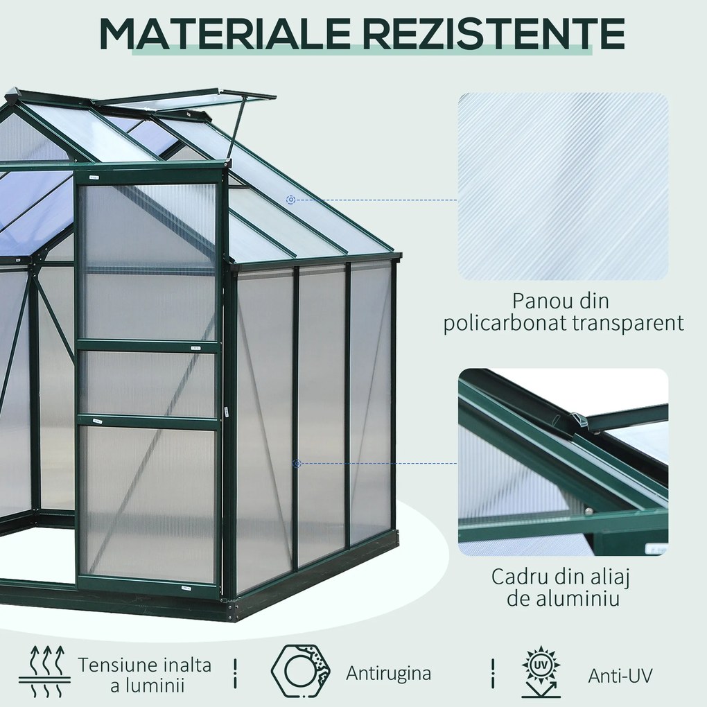 Outsunny Sera de Gradina din Policarbonat si Aluminiu, pentru gradinarit si protectia plantelor, Verde | Aosom Romania