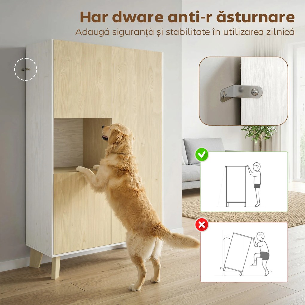 HOMCOM Servantă de Bucătărie, Mobilier de Bucătărie cu 6 Compartimente cu Uși Soft Close pentru Living, Sufragerie, Alb și Lemn | Aosom Romania