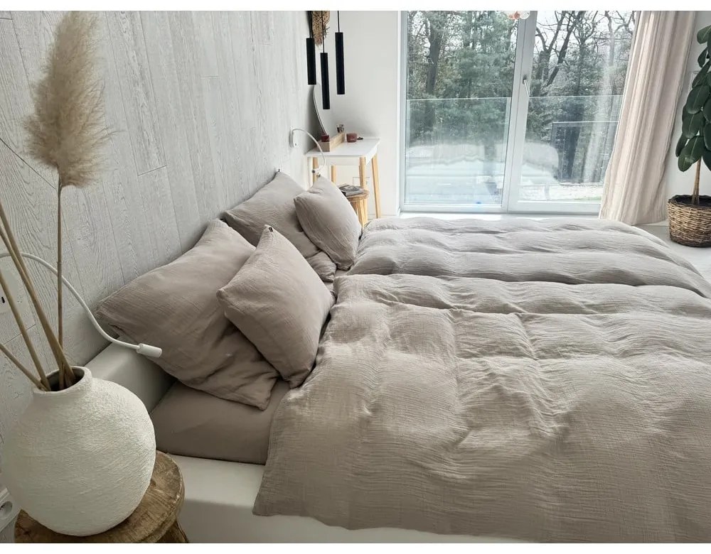 Lenjerie de pat bej din muselină pentru pat dublu 200x200 cm Plain Muslin – Butter Kings