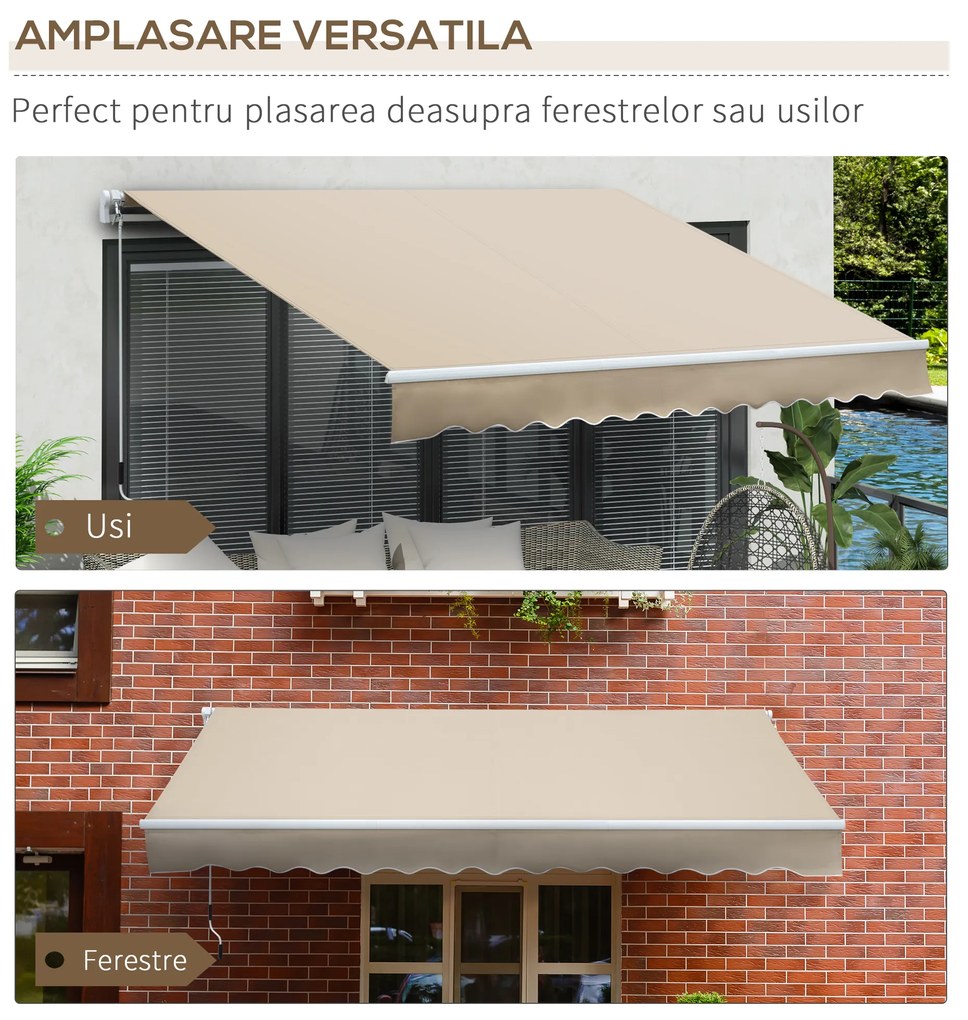 Outsunny Copertină pentru Exterior, Copertină Rulantă pentru Uși și Ferestre cu Deschidere cu Manivelă, 360x250 cm, Cremă | Aosom Romania