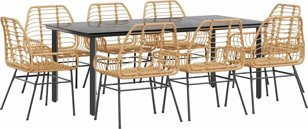 vidaXL Set de sufragerie de grădină 9 piese sticlă maro din poli ratan