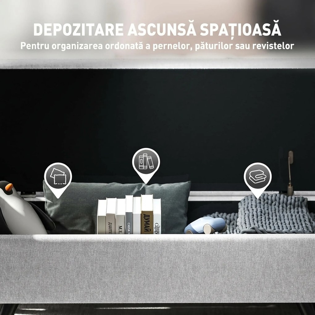 HOMCOM Bancă cu Spațiu de Depozitare cu Cotiere din Țesătură și Lemn 132x42x50 cm Gri | Aosom Romania