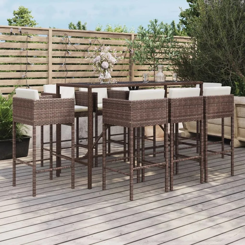 Set mobilier bar de gradina, cu perne, 9 piese, maro, poliratan