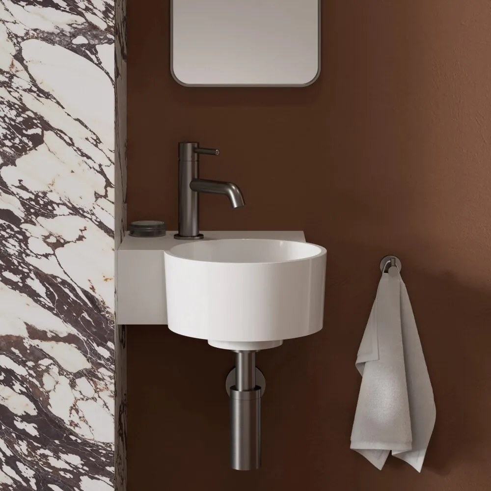 Lavoar suspendat Omnires Ovo M+ finisaj alb lucios 33.5 cm stanga