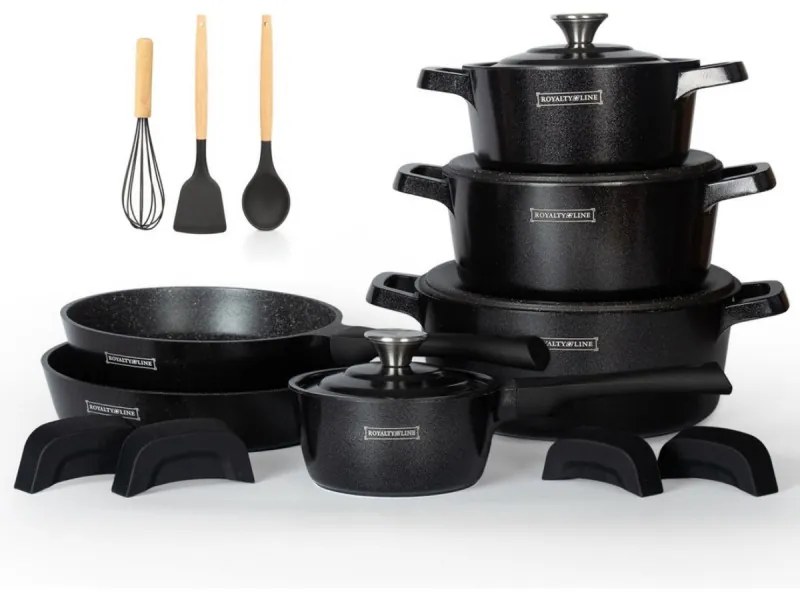 Set de oale și tigăi Royalty Line Premium set de oale și tigăi RL-OS1014M, 17 h, Turnat, Acoperire din marmură Greblon, Inducție, Negru