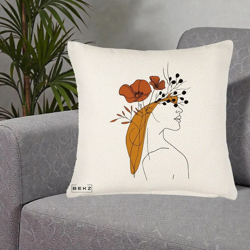 Perna Decorativa Portret Feminin Maci Rosii Auriu, 40x40 cm, Crem Reliefat, Husa Detasabila, Perna Inclusa, BEKZ®