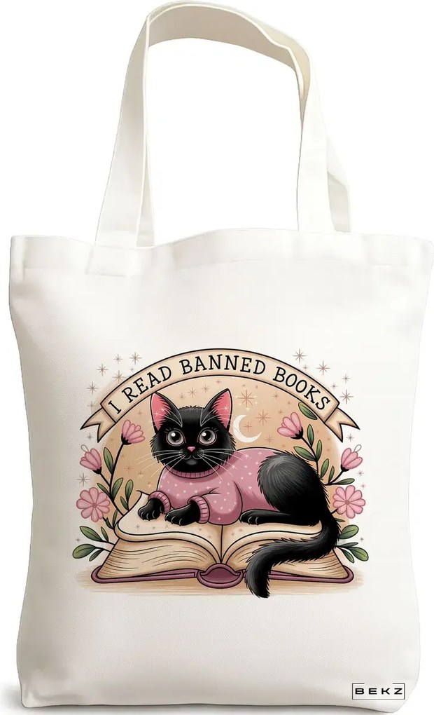 Sacosa de Panza pentru Cumparaturi, Geanta Tote, model I read banned books 2 38 x 34.5 cm, Alba, BEKZ®