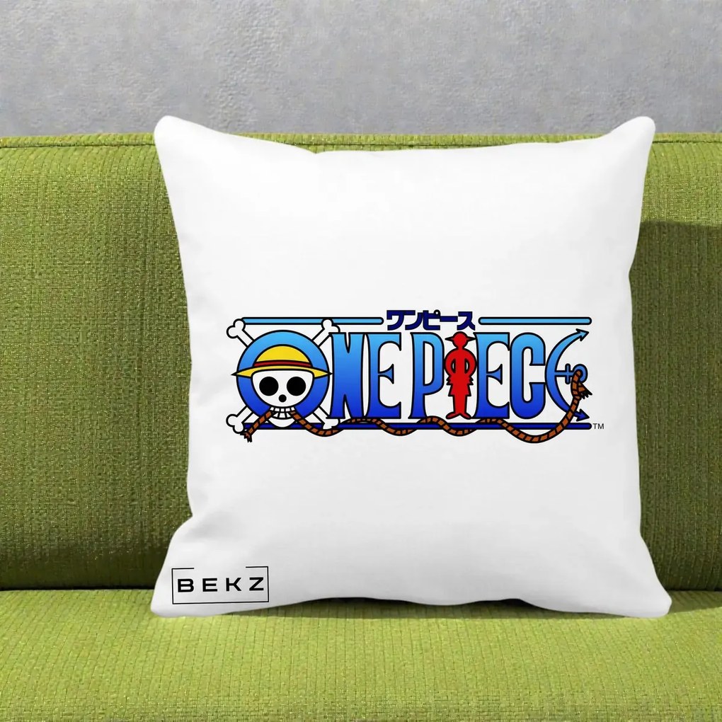 Perna Personalizata One Piece Clasic Albastru, 40x40 cm, Alba Mata, Husa Detasabila, Perna Inclusa, BEKZ®