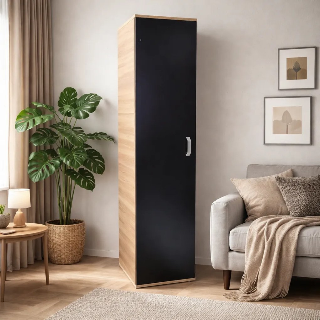 Dulap cu o Usa si 4 polite 200X45X45 cm, Culoare Sonoma cu Negru din Pal de 18mm
