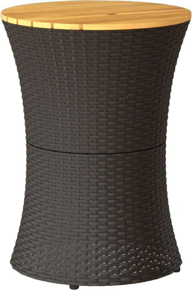 vidaXL Masă laterală de grădină, formă de tobă, negru, poliratan/lemn