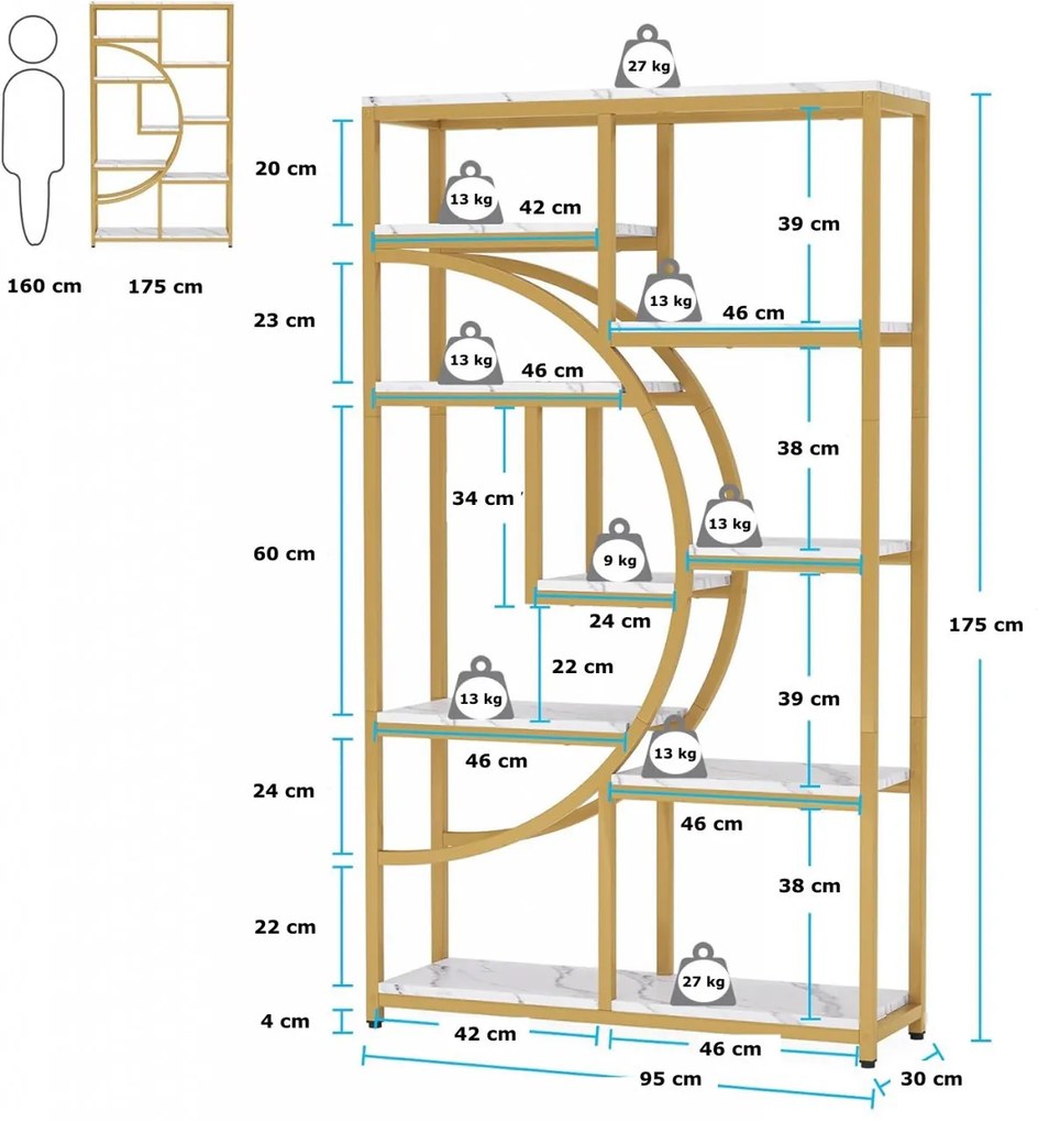 RAAU208 - Raft, 95 cm pentru birou, hol, living, baie - Alb Marmura - Auriu