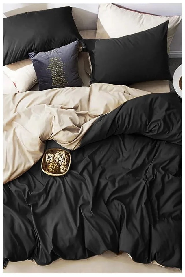 Lenjerie de pat neagră-crem din bumbac pentru pat dublu-extins și cearceaf 200x220 cm – Mila Home