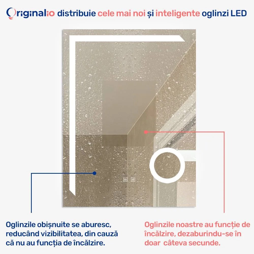 Oglindă LED Dreptunghiulară (60x80 cm), 3 Moduri Iluminare (Lumină Rece, Naturală, Caldă), Intensitate Reglabilă, Funcție Dezaburire, Lupă Cosmetică, Control Tactil (Touch)