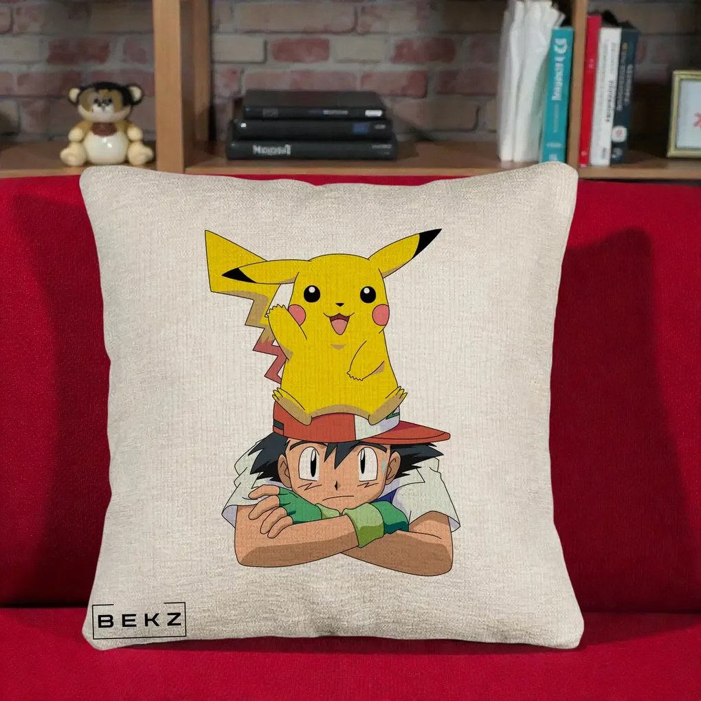 Perna Personalizata Ash si Pikachu, 40x40 cm, Bej Canapea, Husa Detasabila, Perna Inclusa, BEKZ®