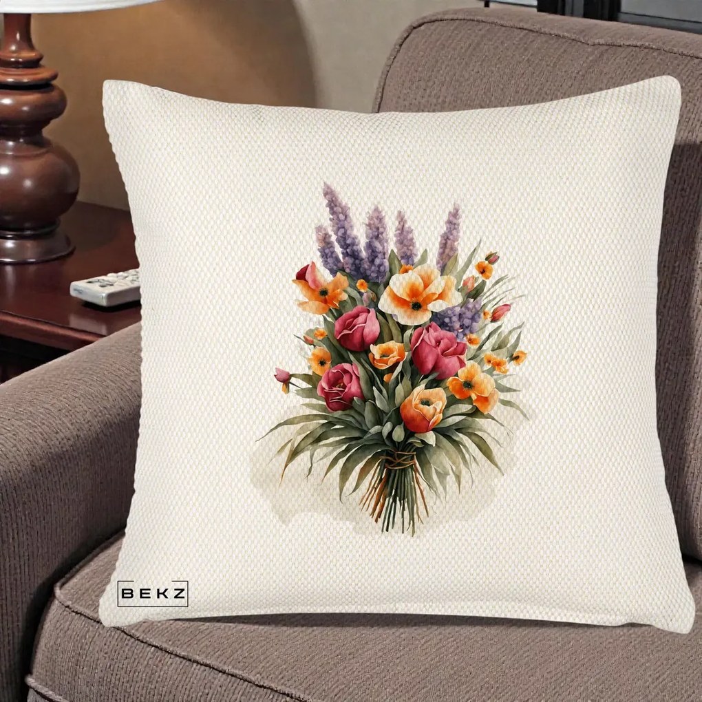 Perna Decorativa Buchet Mixt Acuarela Lavanda-Trandafiri, 40x40 cm, Crem Reliefat, Husa Detasabila, Perna Inclusa, BEKZ®