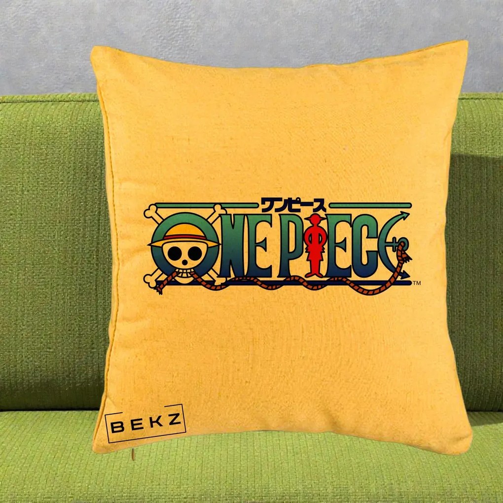 Perna Personalizata One Piece Clasic Albastru, 40x40 cm, Galben, Husa Detasabila, Perna Inclusa, BEKZ®