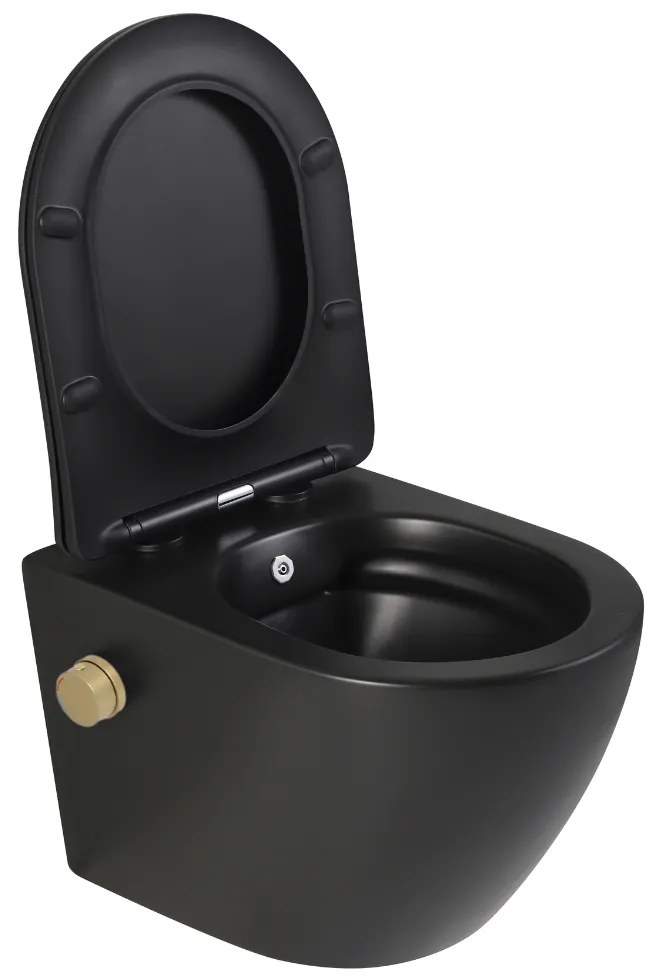 Vas wc suspendat cu functie bideu, negru mat, apa calda rece, rimless, baterie inclusa auriu mat Foglia Oslo Baterie auriu mat