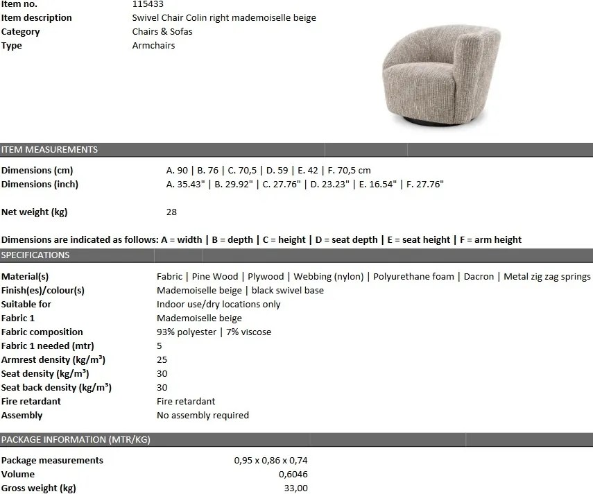 Fotoliu pivotant design elegant LUX Colin right, bej mademoiselle 115433 HZ