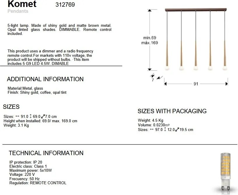 Lustra cu 5 pendule design modern Komet auriu/ cafeniu