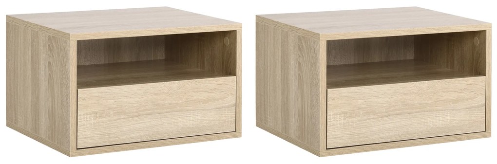HOMCOM Set de 2 Noptiere murale, Set de 2 Noptiere, Sertar culisant, Nisa, Blat, Panouri Particule Aspect stejar Deschis | Aosom Romania