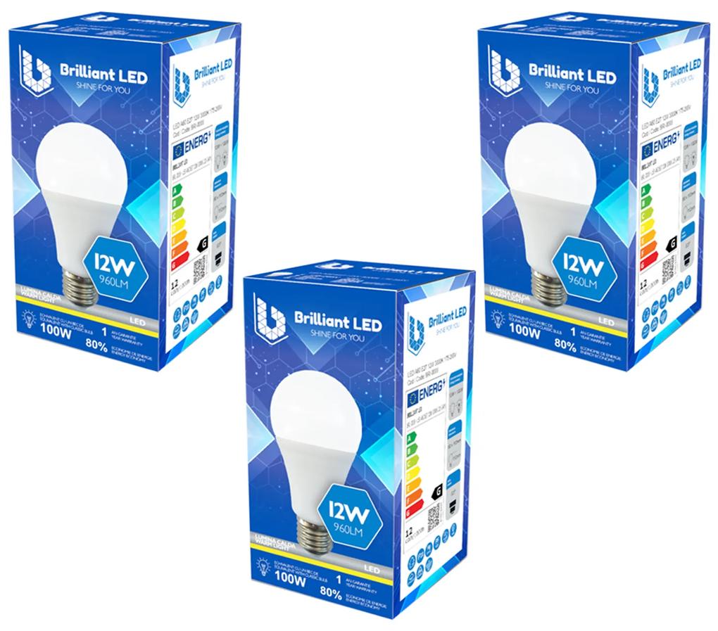 Set 3 Buc - Bec Brilliant LED, 12W (100W), 960lm, lumina calda 3000k, 220V, E27 Lumina calda - 3000K, 3 buc
