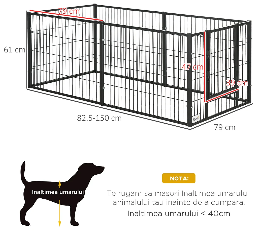 PawHut Tarc de Joacă pentru Animale, 6 Panouri din Oțel, Lungime Ajustabilă 82,5-150x61cm, Ideal pentru Interior/Exterior, Negru | Aosom Romania
