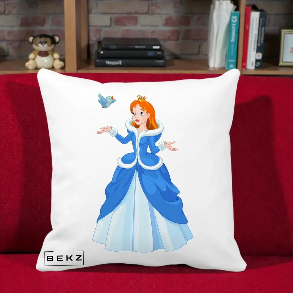 Perna Personalizata Printesa Albastra cu Pasare, 40x40 cm, Alba Mata, Husa Detasabila, Perna Inclusa, BEKZ®