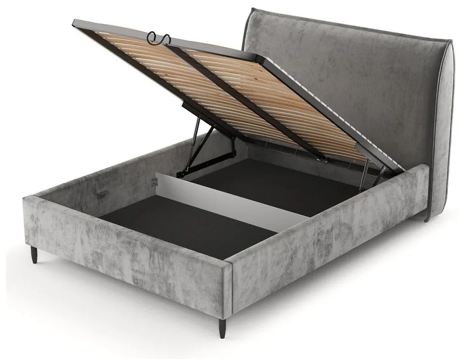 Pat matrimonial gri tapițat cu spațiu de depozitare cu somieră 140x200 cm Shell – Maison de Rêve