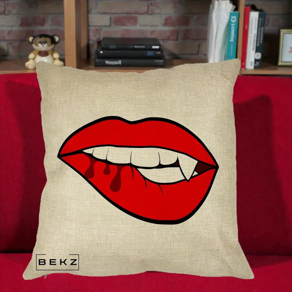 Perna Decorativa Vampire Lips Halloween, 40x40 cm, Crem, Husa Detasabila, Perna Inclusa, BEKZ®