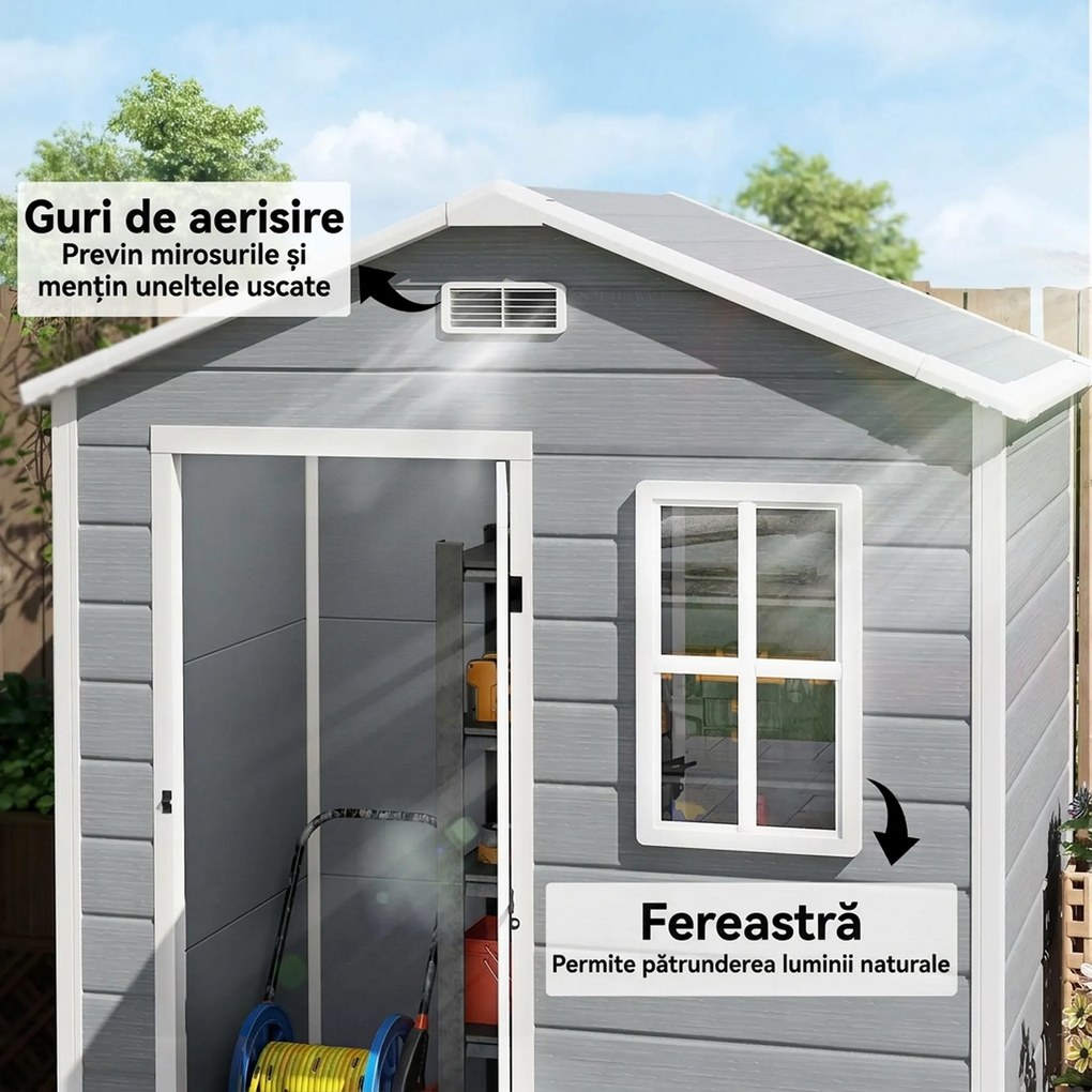 Outsunny Magazie de Grădină, Magazie din Plastic cu Podea, Fereastră, Ușă cu Blocare și Grile de Ventilație, Gri | Aosom Romania
