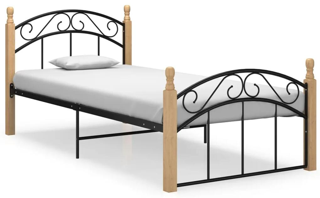 Cadru de pat, negru, 100x200 cm, metal si lemn masiv stejar Maro deschis, 100 x 200 cm