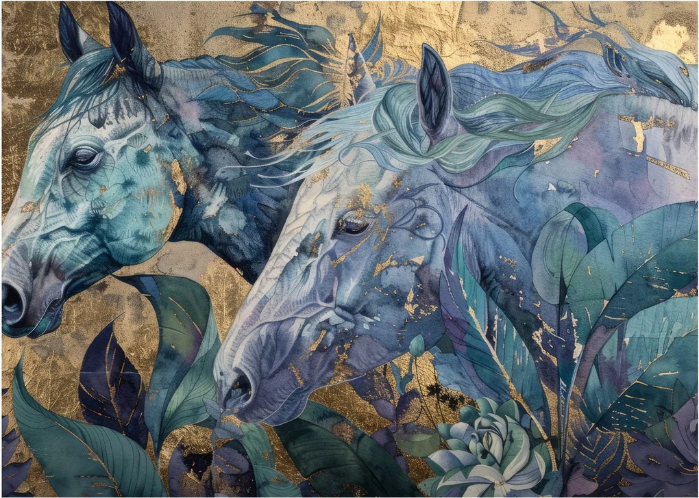 Tablou pe sticlă - Cai cu fundal auriu (70x50 cm)