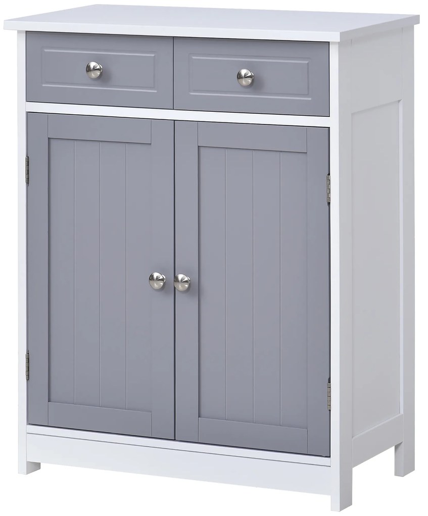 kleankin Mobilier de baie pe picior, dulap de baie 2 uși 2 sertare 60 x 30 x 75 cm gri și alb | Aosom Romania