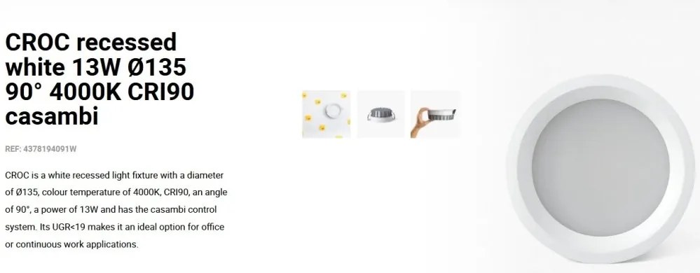 Spot LED incastrabil CROC IP44 recessed white 13W 13,5cm 90 grade 4000K CRI90 casambi