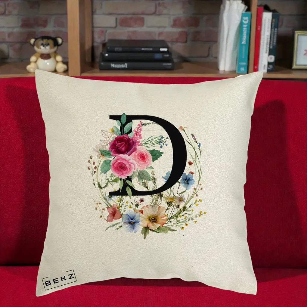 Cadou Personalizat - Perna Personalizata Monogram Litera D cu Flori Acuarela, 40x40 cm, Ecru, Husa Detasabila, Perna Inclusa, BEKZ®