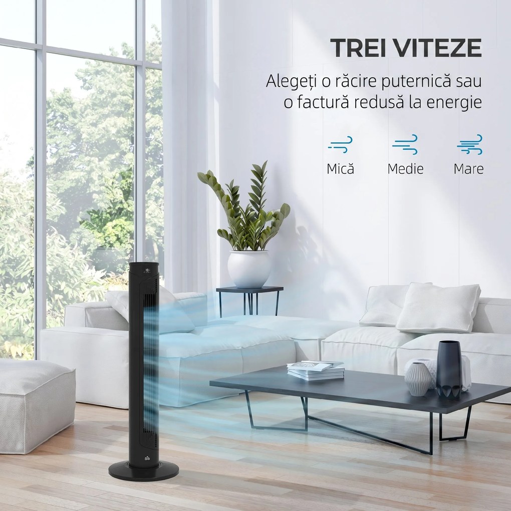 HOMCOM Ventilator Oscilant de Turn, 3 Viteze, Telecomandă, Temporizator, Mod Repaus, Ideal pentru Acasă | Aosom Romania