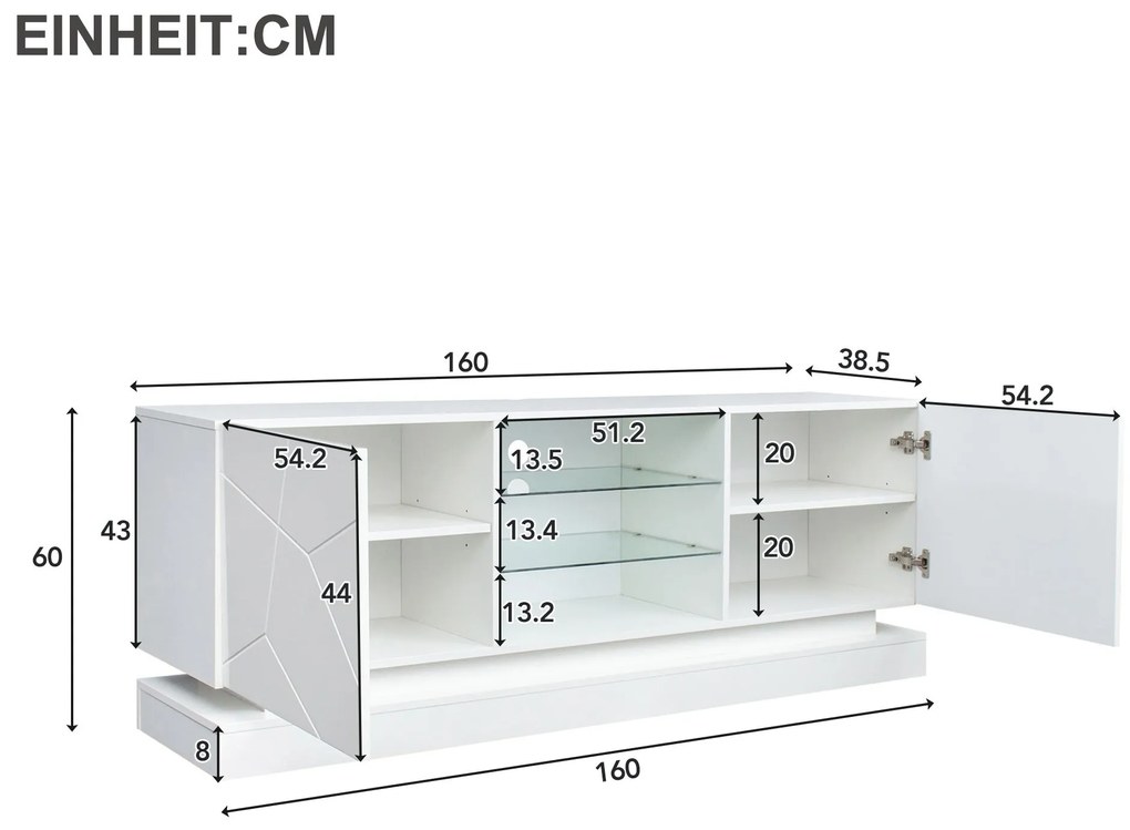 Comoda TV Moderno Lucios cu Raft de Sticlă Reglabil și Balamale Silențioase, Suport pentru TV până la 70 Inch, 160x38,5x60 cm, Alb