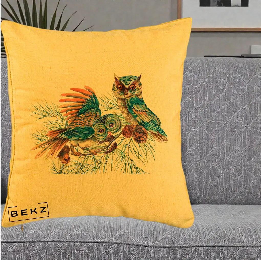 Perna Decorativa Bufnite de Iarna Albastre, 40x40 cm, Galben, Husa Detasabila, Perna Inclusa, BEKZ®