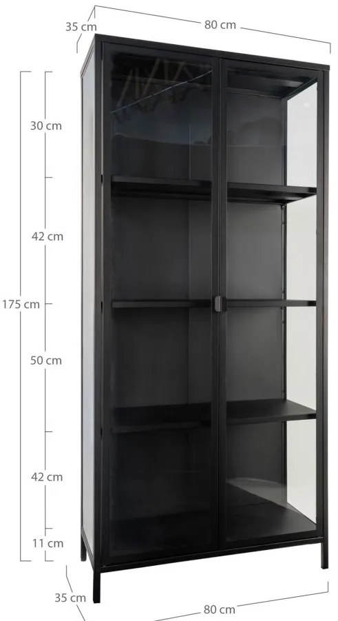Vitrină Brisbane, 2 uși din sticlă, oțel, negru 80x35x175 cm