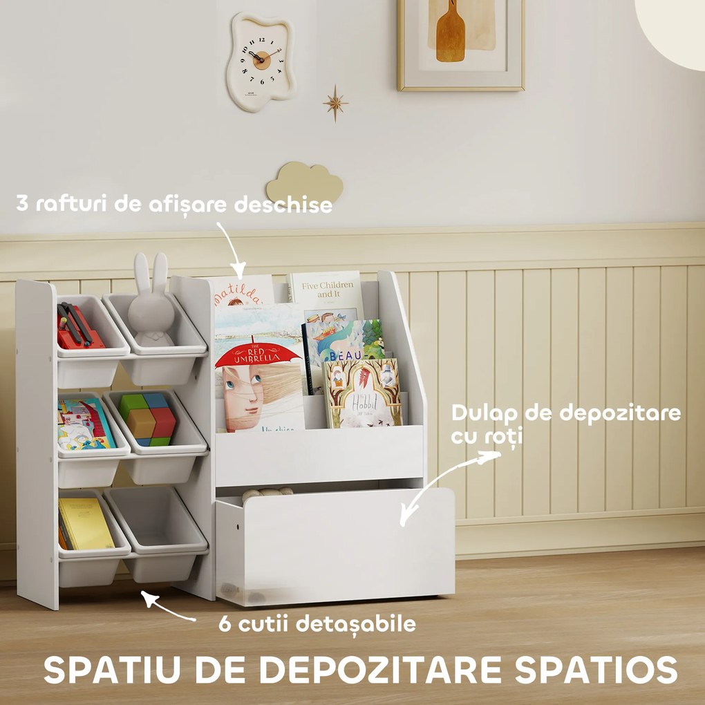 AIYAPLAY Raft pentru jucării cu 6 coșuri, 3 rafturi, din lemn, plastic și oțel, 100x30x80 cm, alb | Aosom Romania
