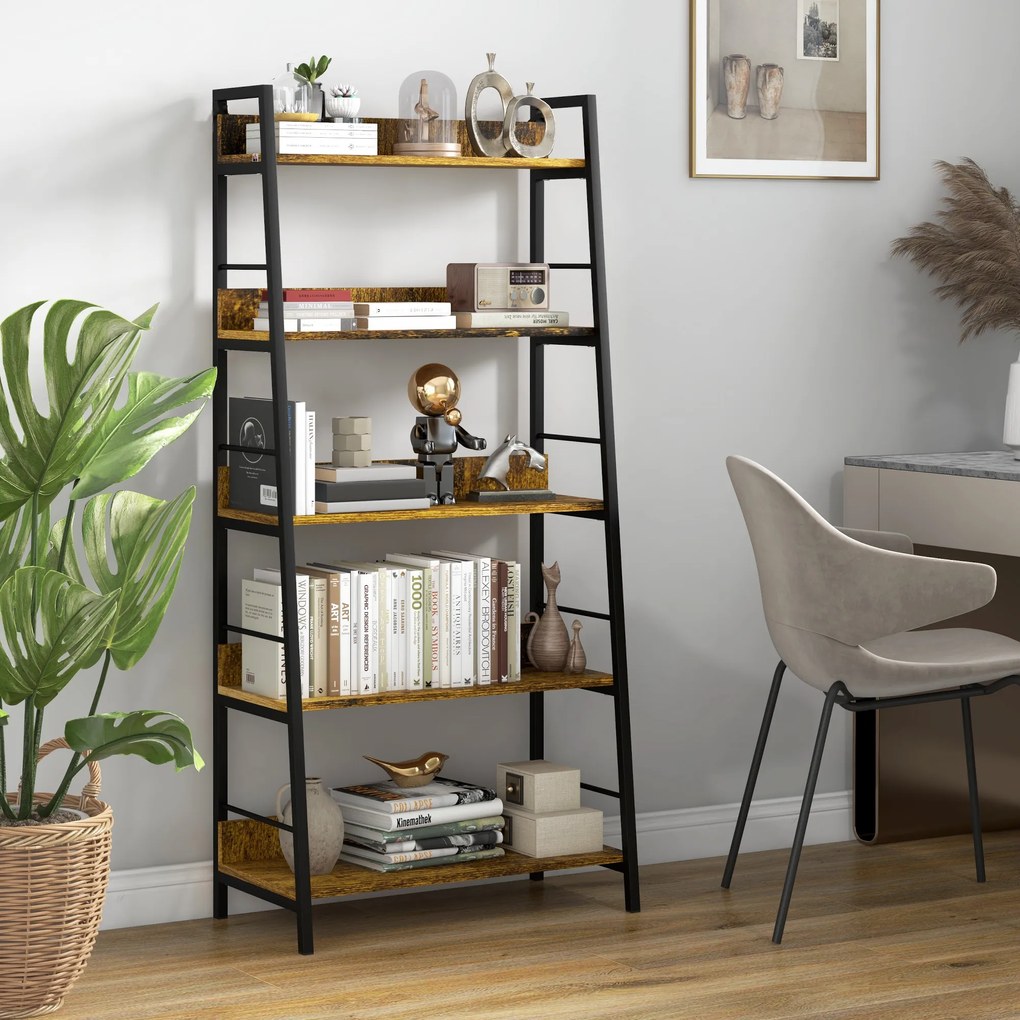 HOMCOM Etajeră bibliotecă Stil Industrial înclinat 5 Nivele 70L x 35l x 150H cm | Aosom Romania
