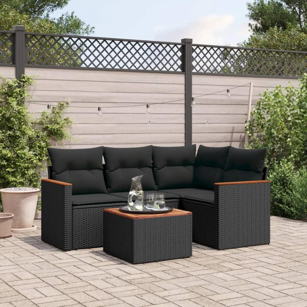 3258338 vidaXL Set mobilier de grădină cu perne, 5 piese, negru, poliratan