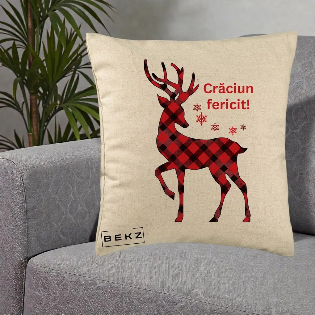 Perna Decorativa Ren Tartan Craciun Fericit, 40x40 cm, Bej, Husa Detasabila, Perna Inclusa, BEKZ®