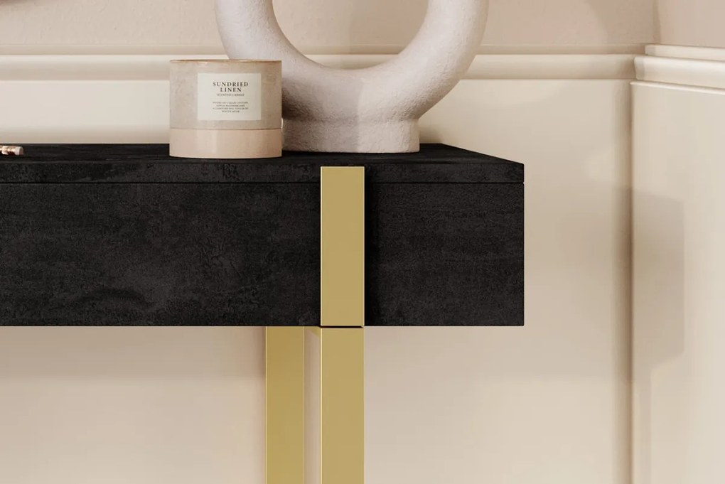 Consolă / măsuță toaletă modernă Verica 120 cm cu picioare metalice - beton negru / picioare aurii