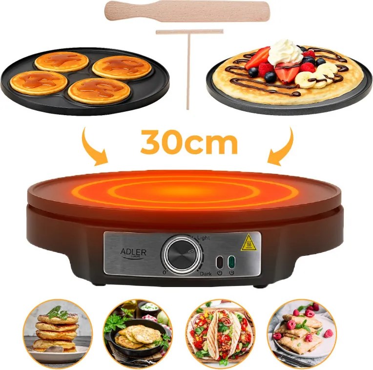 Aparat pentru clătite Adler AD 3093, 1600W, 30 cm, Ustensile incluse, Negru/Inox