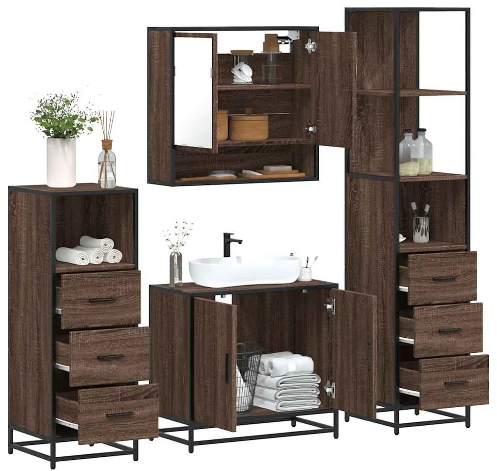 vidaXL Set de mobilier de baie din 4 piese din lemn de stejar maro