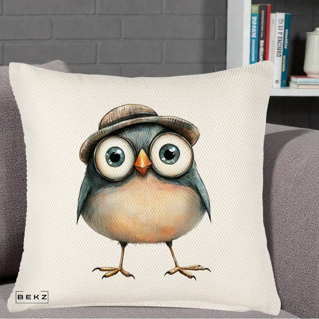 Perna Decorativa Pui cu Palarie Rotunda, 40x40 cm, Crem Reliefat, Husa Detasabila, Perna Inclusa, BEKZ®