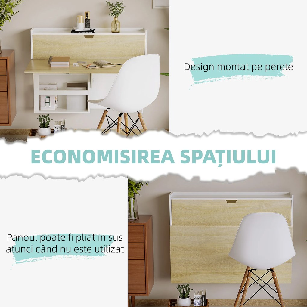 HOMCOM Birou suspendat, pliabil cu compartimente de depozitare pentru spatii mici, alb | Aosom Romania